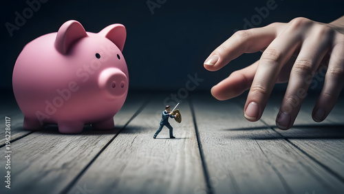 A tiny man stands between a giant hand and a pink piggy bank on a wooden floor