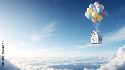 Whimsical house soaring through sky on colorful balloons above fluffy white clouds