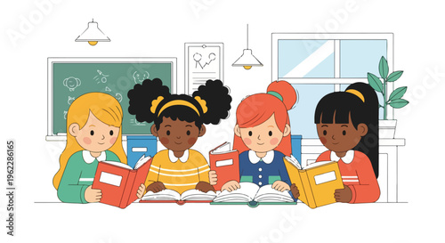 Diverse group of cute cartoon children reading books together in a classroom setting, promoting education and friendship