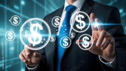 Businessman interacting with digital dollar signs in a futuristic financial environment