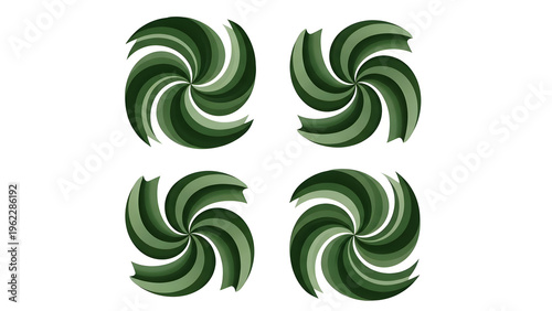 Four green spiral shapes arranged in a square on a white background