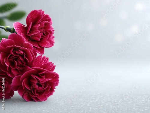Fresh pink carnations with droplets on petals lie gracefully on a soft blurred background, representing beauty and elegance