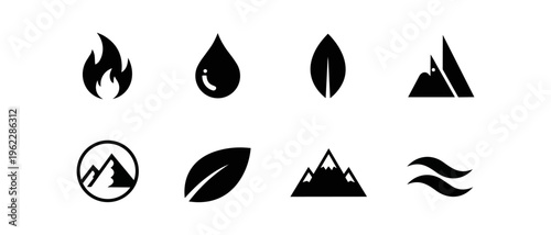Abstract white mountain and nature icon set on black background
