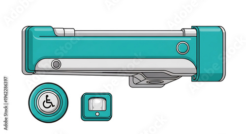 A vector graphic illustration of a teal and silver automatic door opener with a handicap accessible button and a call button.