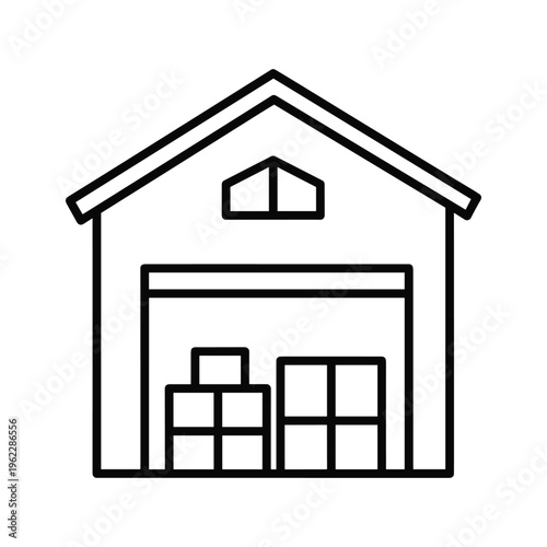 Simple black and white illustration of a house with a garage and dormer window