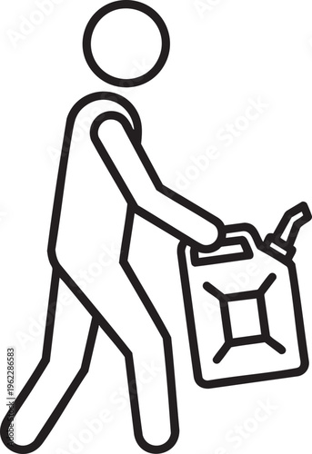 Stick figure carrying a gas can depicted in a simple black and white line drawing