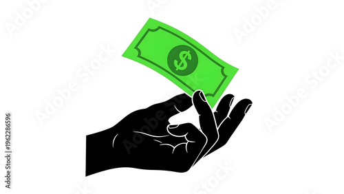 Fotografie A hand tossing a green dollar bill into the air with a white background