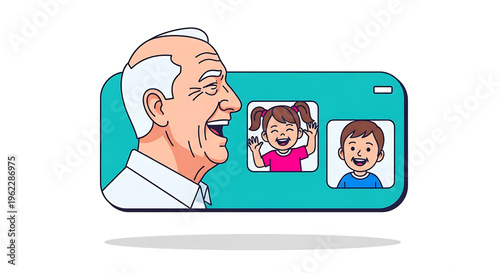 A cartoon illustration of an elderly man video calling with a young girl and boy on a smartphone