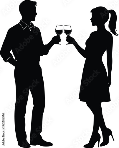 Elegant silhouette of a romantic young couple toasting with wine glasses during a dinner date, isolated on white background for lifestyle and celebration concepts.