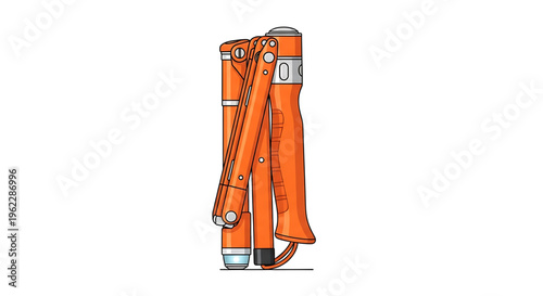 A vibrant orange fire extinguisher standing upright with its hose and nozzle attached in a modern flat vector illustration style.