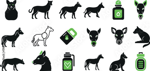 Donkey and dog icons in black and green on white background