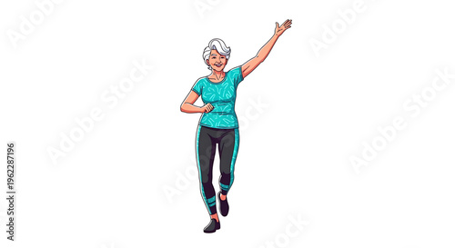 A smiling senior woman in athletic wear running with her arm raised in triumph