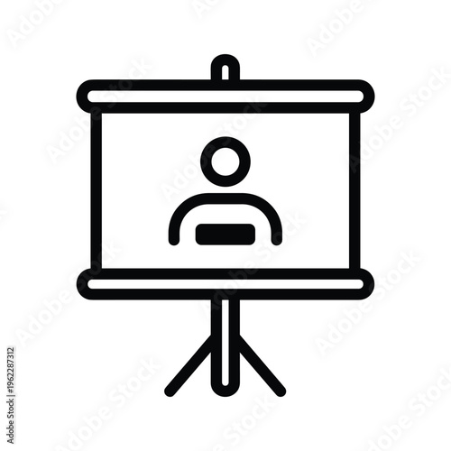 A person presenting with a flip chart and stand in a simple line drawing format