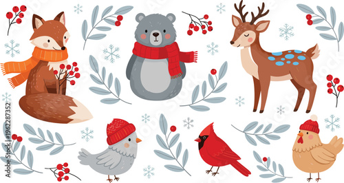 Winter Animal Collection with Fox, Bear, Deer, Birds, and Snowflakes, Featuring Red Scarves, Hats, and Berries