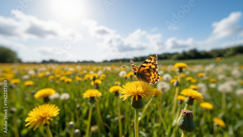 Butterfly on yellow dandelion flower in meadow, macro nature with soft bokeh background