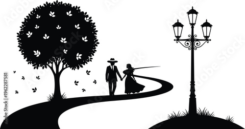 Romantic Silhouette Illustration of a Couple Walking on a Winding Path Under a Large Tree with Falling Leaves Near an Antique Street Lamp