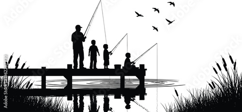 Silhouette of a father and three children fishing on a wooden pier at sunset with birds flying over a calm lake and cattails