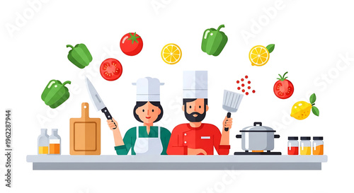 A colorful illustration of a male and female chef cooking together in a modern kitchen with various ingredients and utensils.