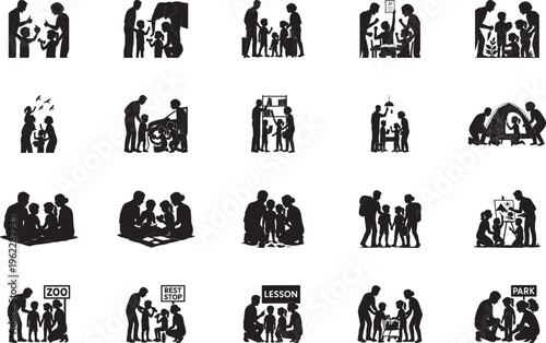 Silhouette icon collection featuring family education travel and outdoor recreational activities