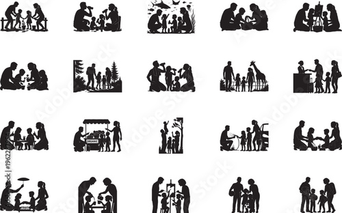 Large set of family silhouettes showcasing hobbies gardening and educational trips