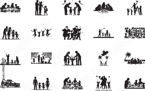 Detailed family silhouette icons illustrating domestic life school routines and festive holiday celebrations