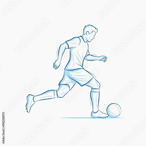 Soccer Player Dribbling Line Art Vector Light Blue White Silhouette