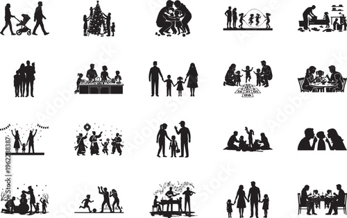 Family silhouettes set featuring Christmas traditions music and playground games