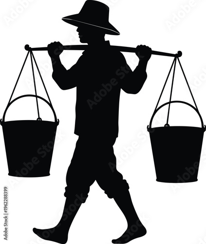 Silhouette of a traditional Asian farmer carrying water buckets on a wooden shoulder pole yoke isolated on white background representing hard work and rural life