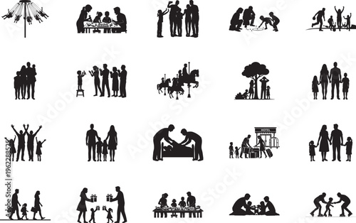 Large set of family silhouette icons depicting travel play parenting and various everyday life scenes