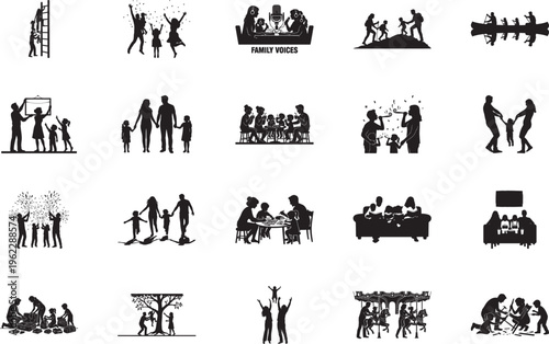 Black silhouette icons of happy family moments including outdoor adventure celebration and domestic life