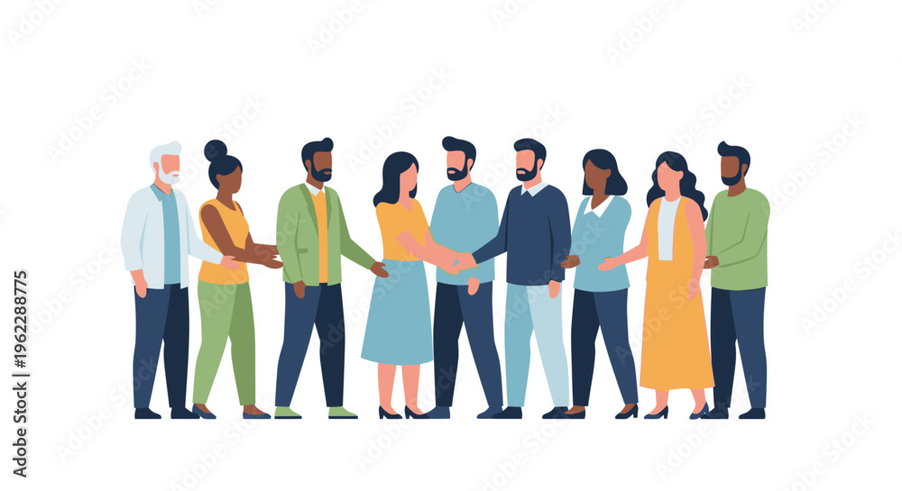 Fototapeta premium Diverse Group Collaboration & Partnership Vector. Business Team Handshakes, Unity, Support, and Global Connection. Flat People Illustration.