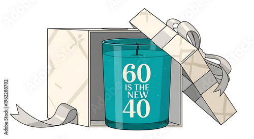 A teal candle with a motivational phrase sits in a beautifully wrapped gift box adorned with a ribbon.