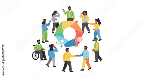Diverse Group of People Collaborating Around a Central Abstract Graphic, Symbolizing Teamwork, Inclusion, and Strategic Process