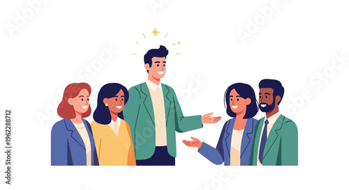 Inspiring Business Leader Presents Ideas to Diverse Team. Modern Flat Illustration of Teamwork and Collaboration for Success.