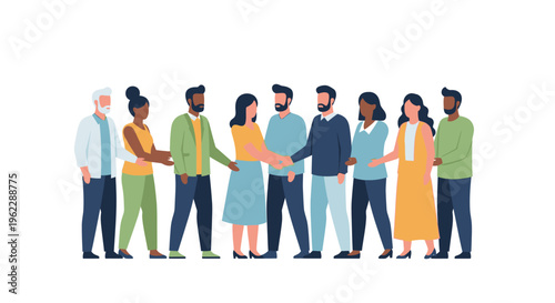 Diverse Group Collaboration & Partnership Vector. Business Team Handshakes, Unity, Support, and Global Connection. Flat People Illustration.