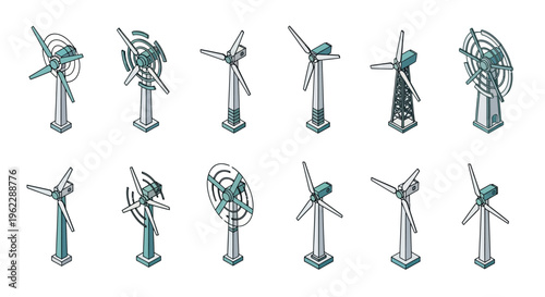 Isometric view of various wind turbine designs showcasing renewable energy sources
