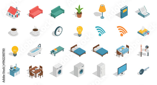 Isometric Home Interior Elements and Icons Representing Comfort and Modern Living