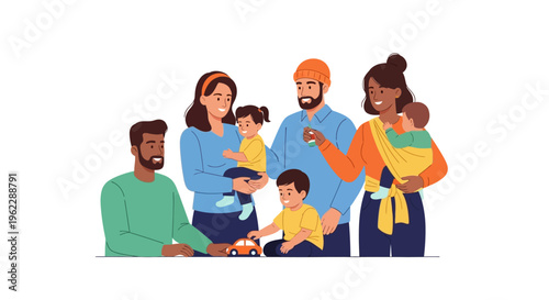 Joyful Diverse Families and Community with Happy Children Illustration