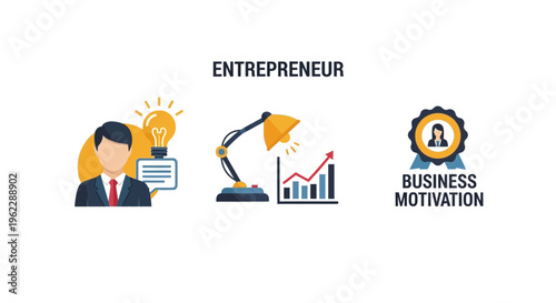 Entrepreneurial success concept illustrated with graphics of ideas, growth, and achievement