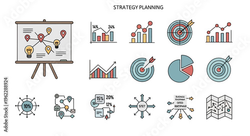 Illustration depicting strategy planning concepts, business analytics, and performance measurement