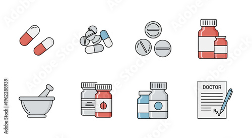 Illustration of medical pills, tablets, bottles and prescriptions in a clean style