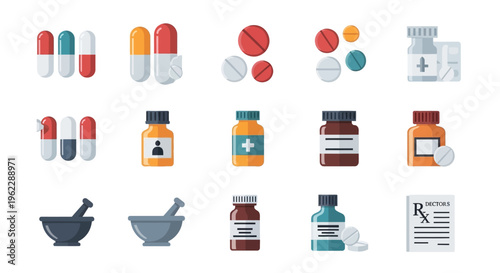 Illustration of medicine and pharmaceuticals with pills, capsules, bottles, and a prescription