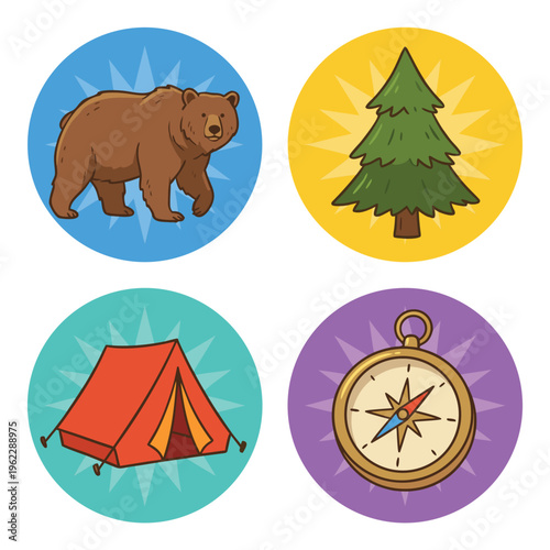 Camping Adventure Icons Set.