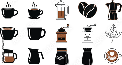 Coffee icons set coffee cups beans coffee makers and coffee bags