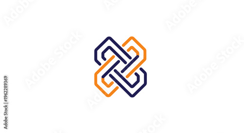 Abstract interlocking shapes logo in shades of blue and orange on a clean white background