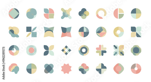 Abstract Geometric Shapes in Pastel Colors Arranged in a Pattern on a White Background