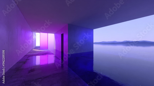 Futuristic Minimalist Hallway with Vibrant Purple and Blue Lighting Reflecting on Water and Lake View