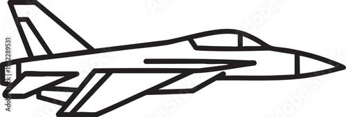 Simple black and white line drawing of a modern fighter jet in flight