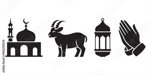 Vector collection of black Islamic silhouette icons featuring Kaaba, mosque, goat, lantern, Quran, and praying figures for Ramadan and Eid al-Adha religious celebration designs.
