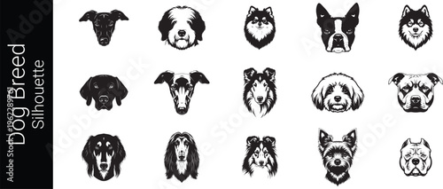 Dog Breed Silhouette Front view of dogs group standing or sitting of different breeds vector silhouette collection